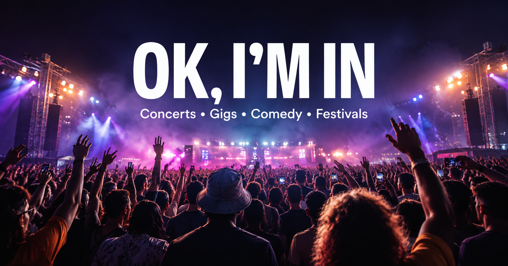 A lively concert crowd under violet, pink and blue stage lights